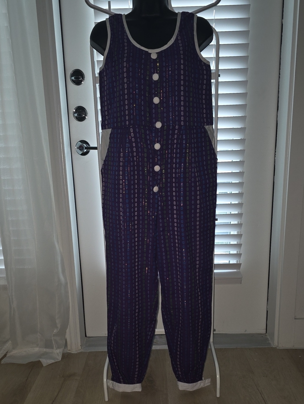 Bandhani Print Sleeveless Purple Button-Front Jumpsuit with White Trim